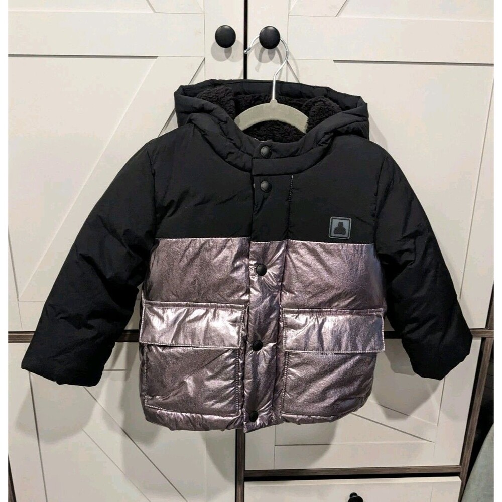 Baby Gap Metallic Puffer Jacket Black Silver Hooded  Fleece Lined Size 2 Years